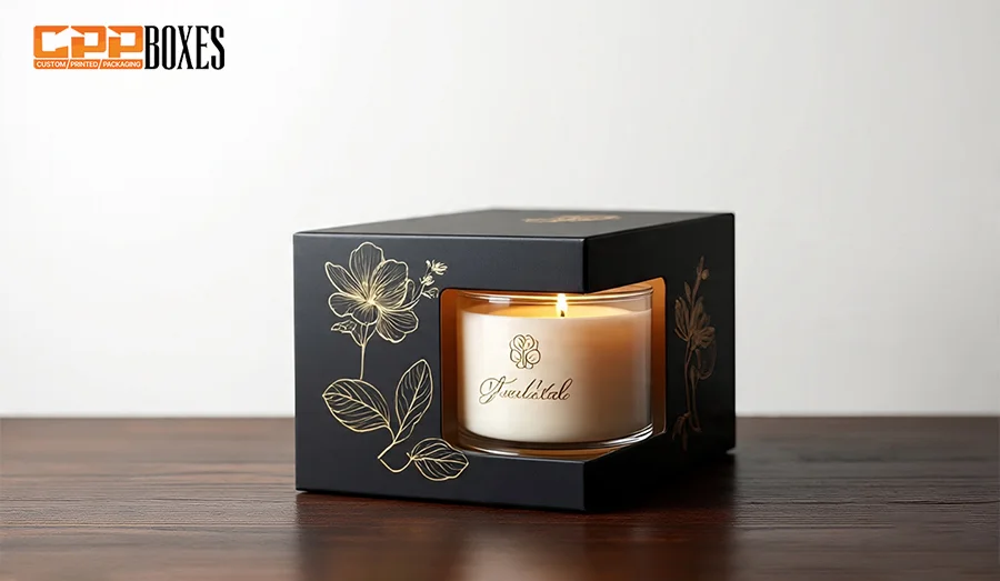 A beautiful black and golden box with a burning candle 