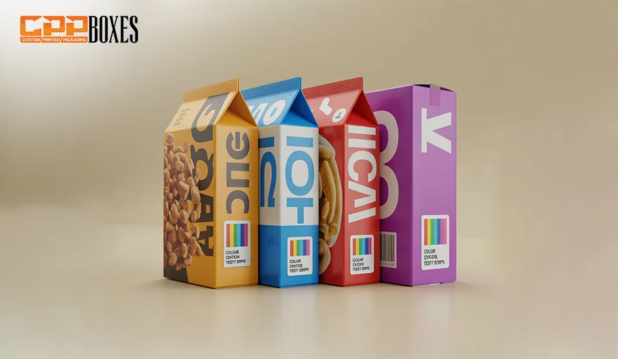 Four different colored boxes with color control bars on them 