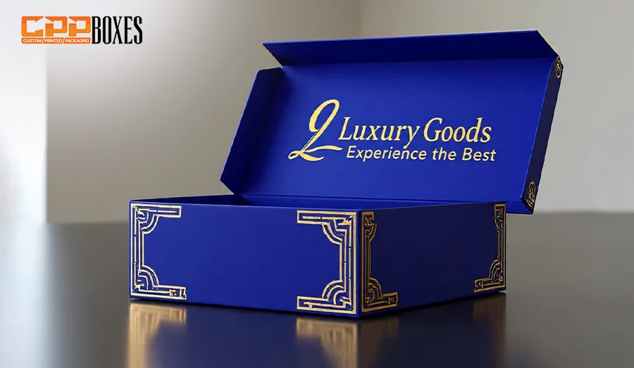 A blue and golden color tuck-end packaging box