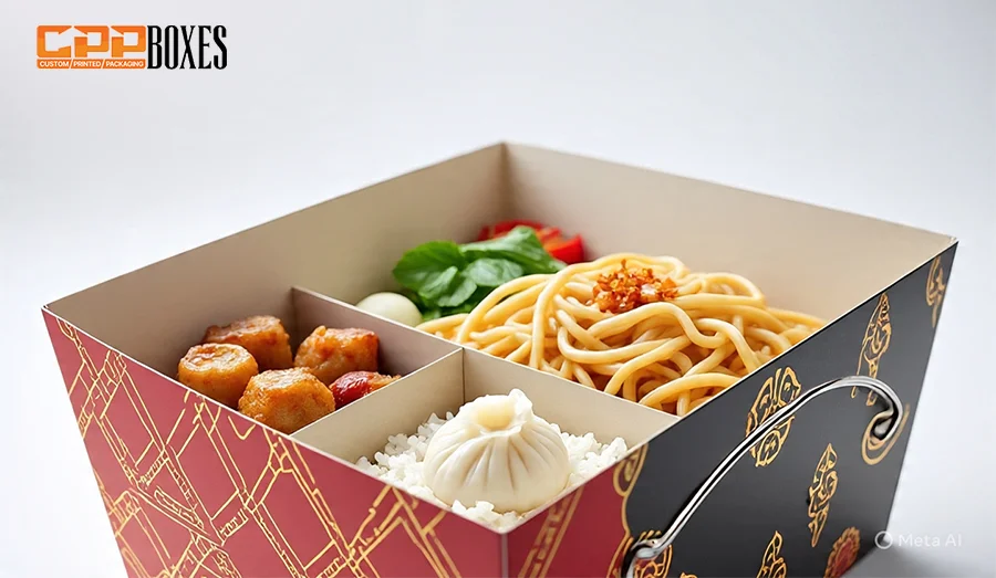 Chines takeout box with inserts holding multiple food items in it