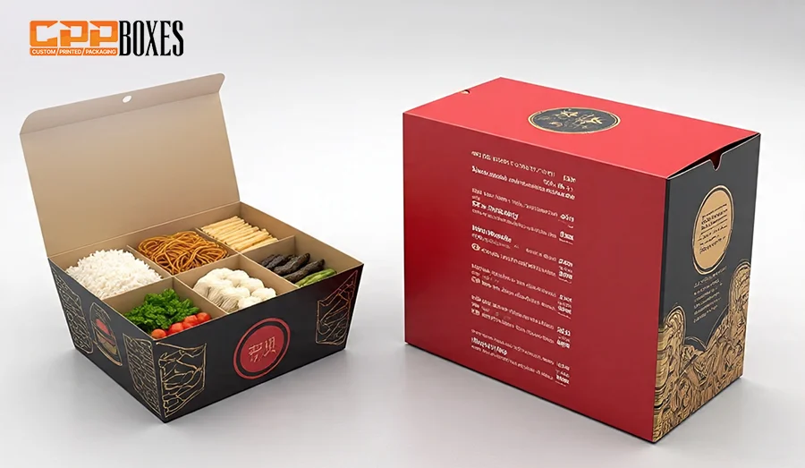 Two takeout boxes showcasing the menu list