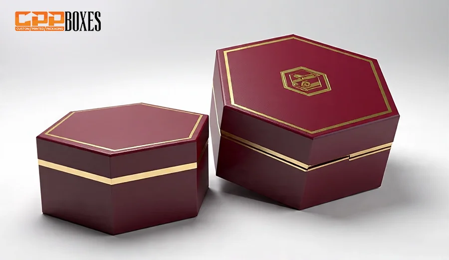 Two brown hexagon boxes are displayed