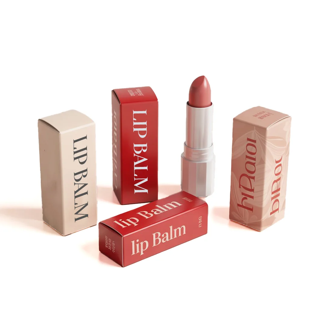 Eye-catching lip balm packaging design with a unique shape and bright graphics