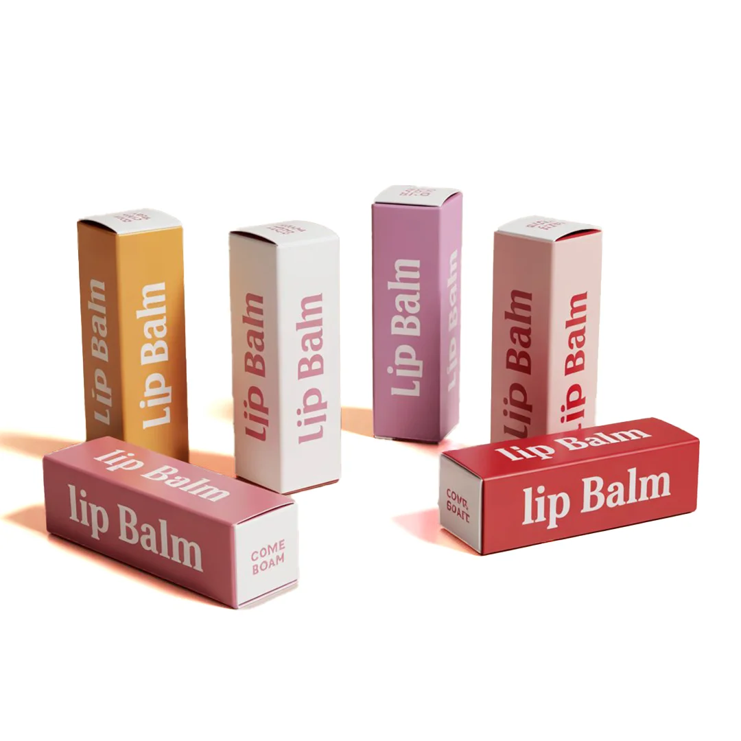 Mockup of lip balm packaging showcasing a sleek design with a colorful label and a clear container