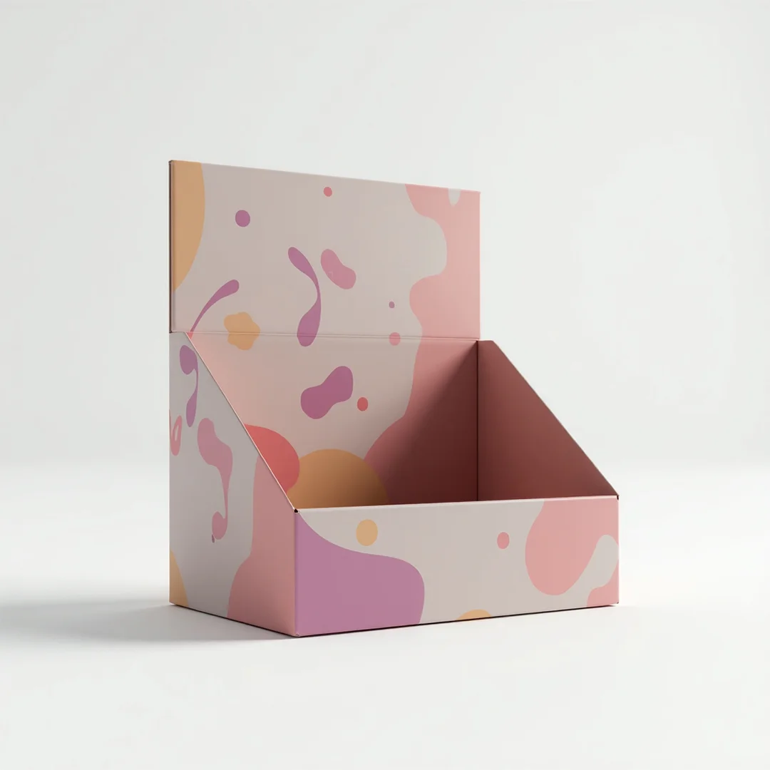 Box with pink and yellow paint splatters, designed for shelf ready packaging