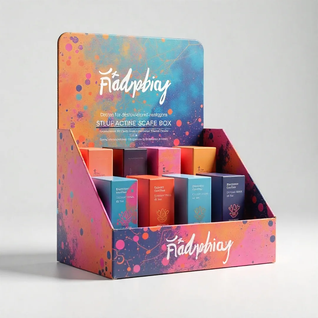 Shelf display box featuring a variety of products in ready packaging for retail presentation