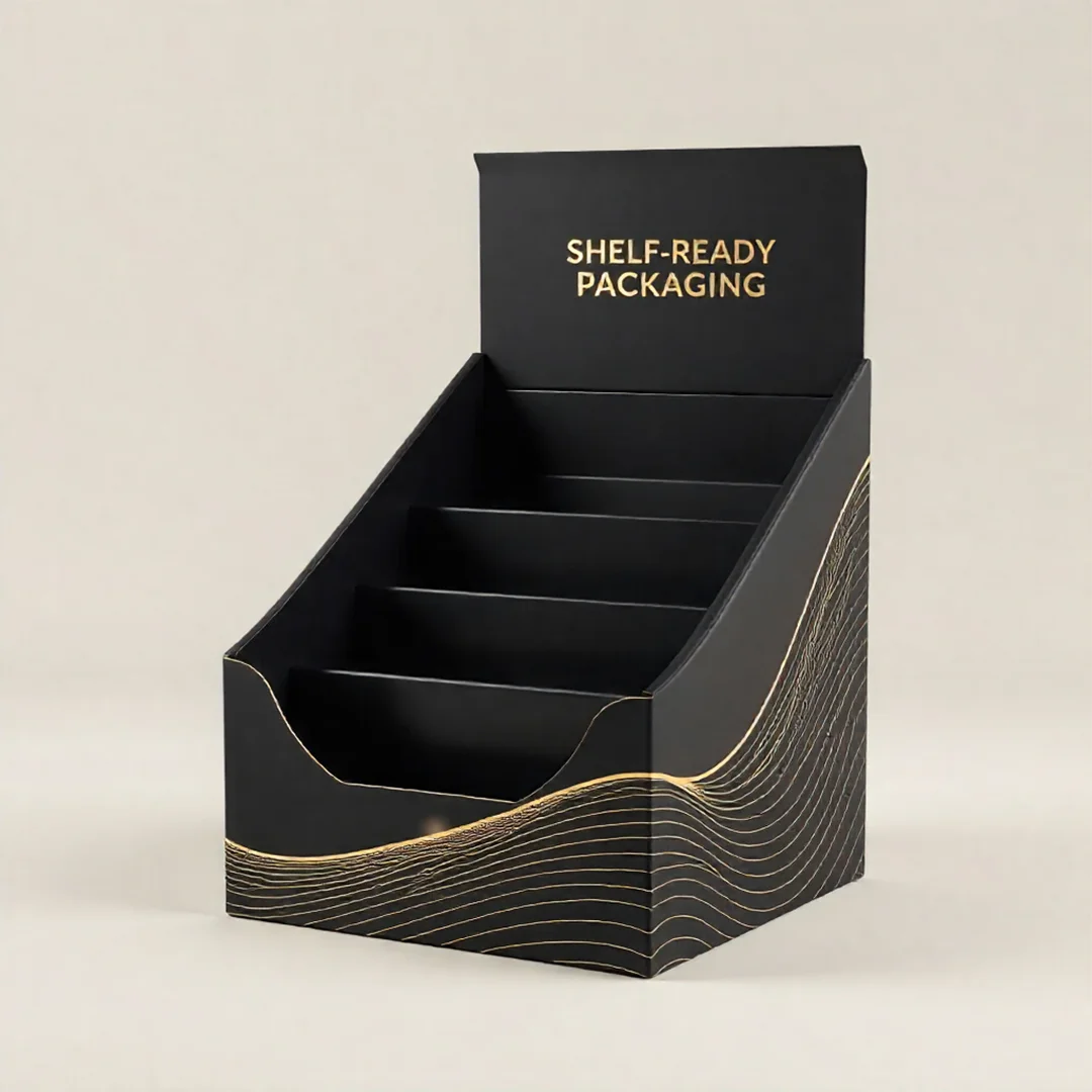 Black and gold box featuring a shelf display ready packaging label for retail presentation