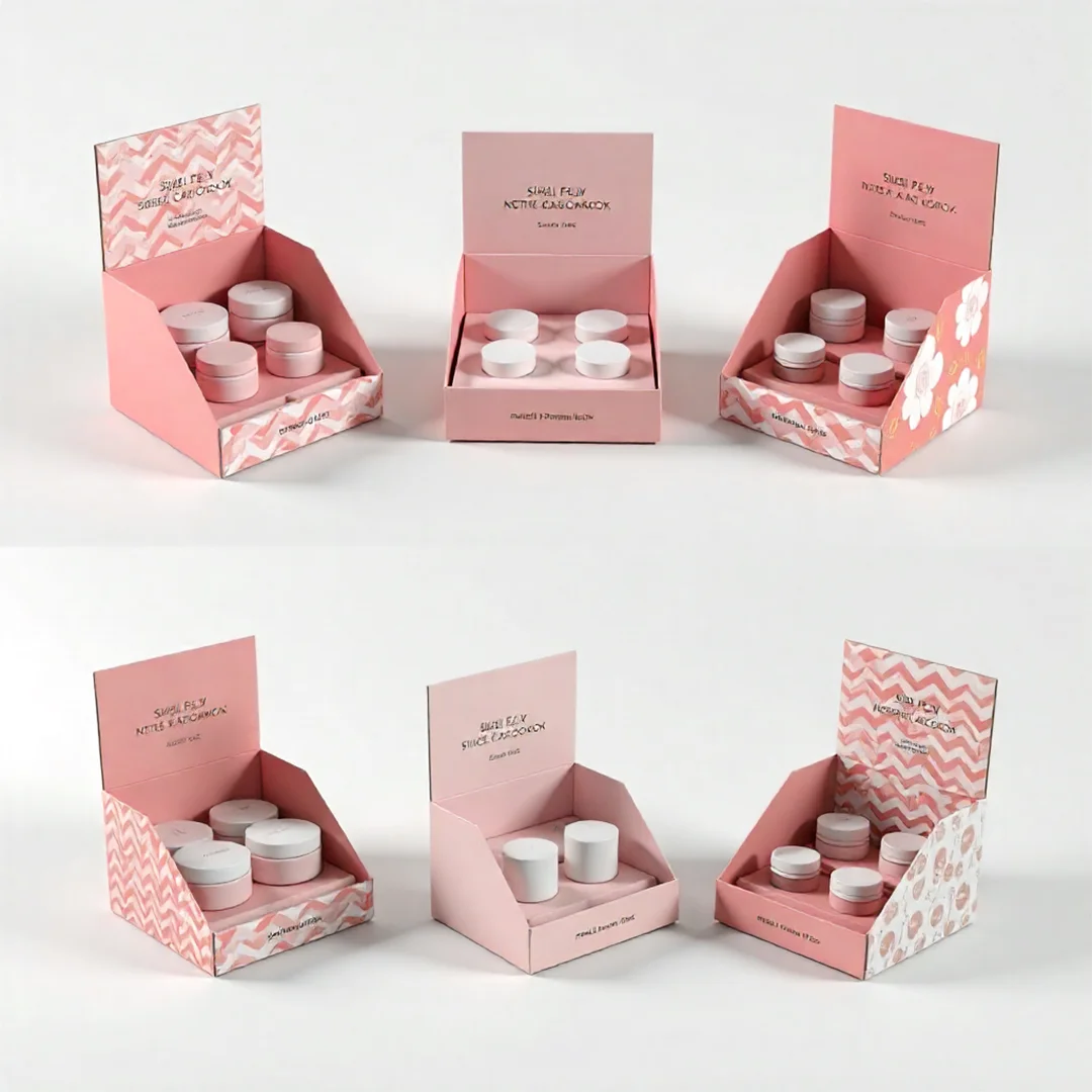 Shelf display of six boxes showcasing various product types in ready packaging