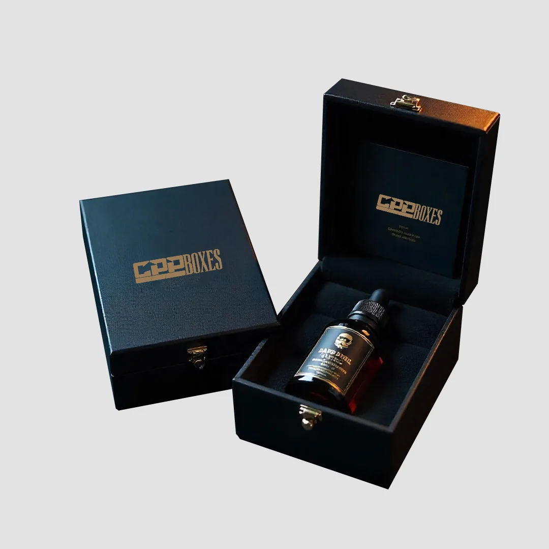 A black packaging box containing a bottle of beard oil, featuring the CPP Boxes logo