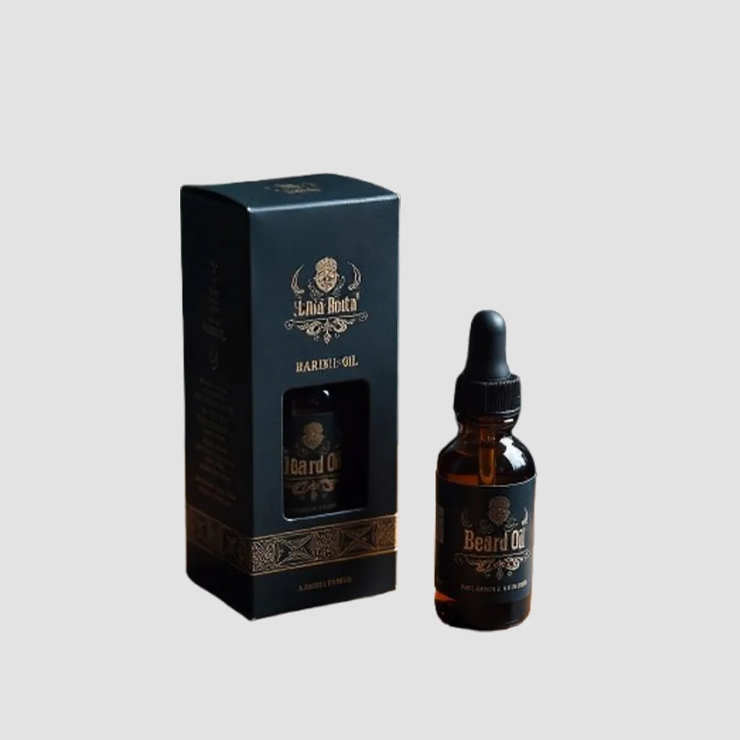 Custom Beard oil packaged in a sleek black box adorned with a stylish gold label