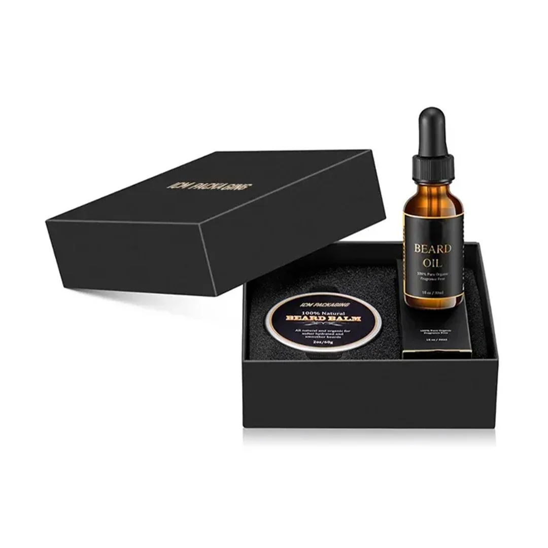 A black box containing a beard oil and beard care kit, showcasing grooming products for beard