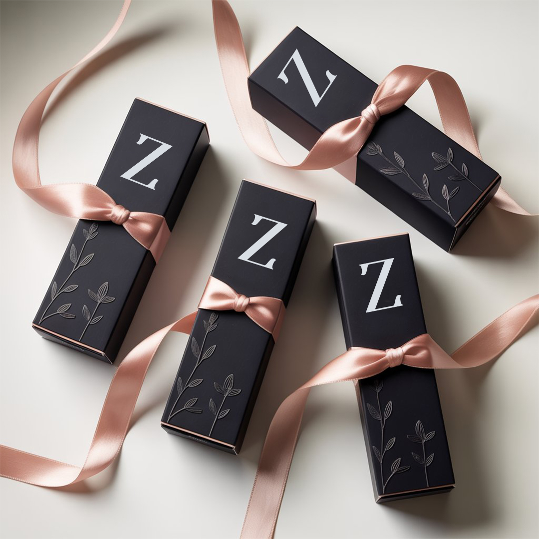 Three black mascara boxes featuring the letter 