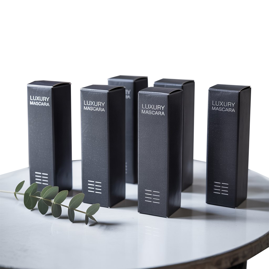 Five black mascara boxes on a table beside a green leaf