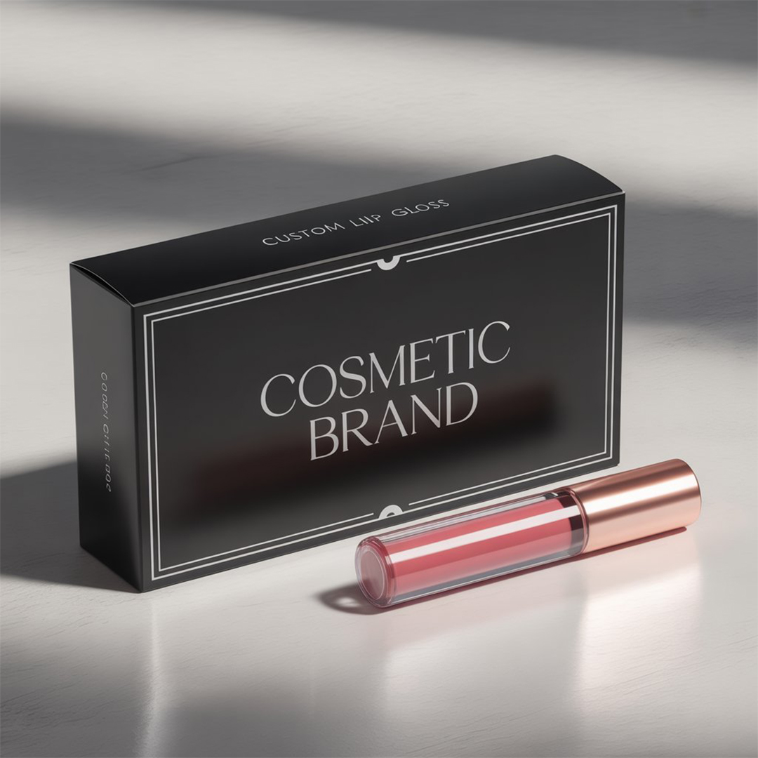 Custom lip gloss packaging boxes with sleek modern design and glossy finish for cosmetic brands