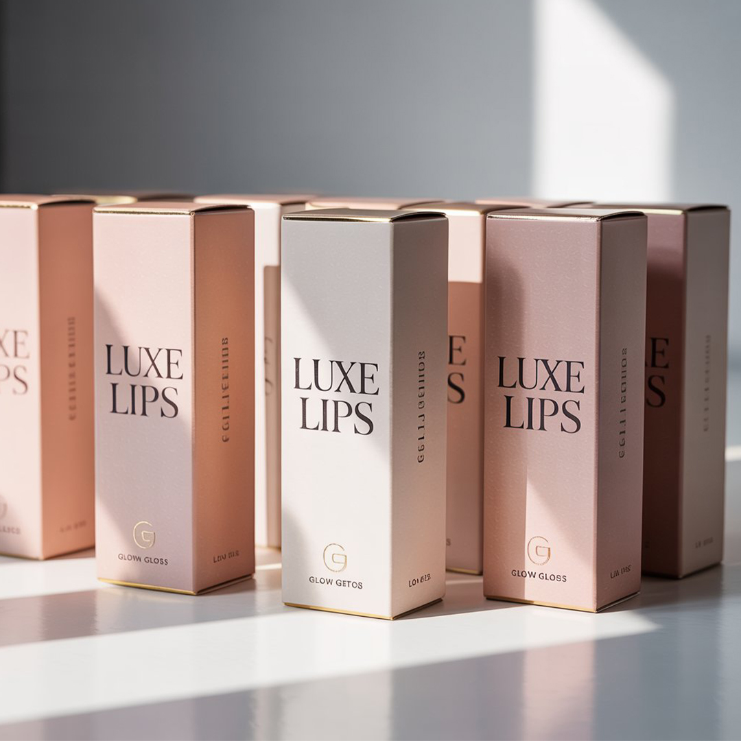 Multiple custom lip gloss boxes with glossy finish, black and white designs, and pink accents